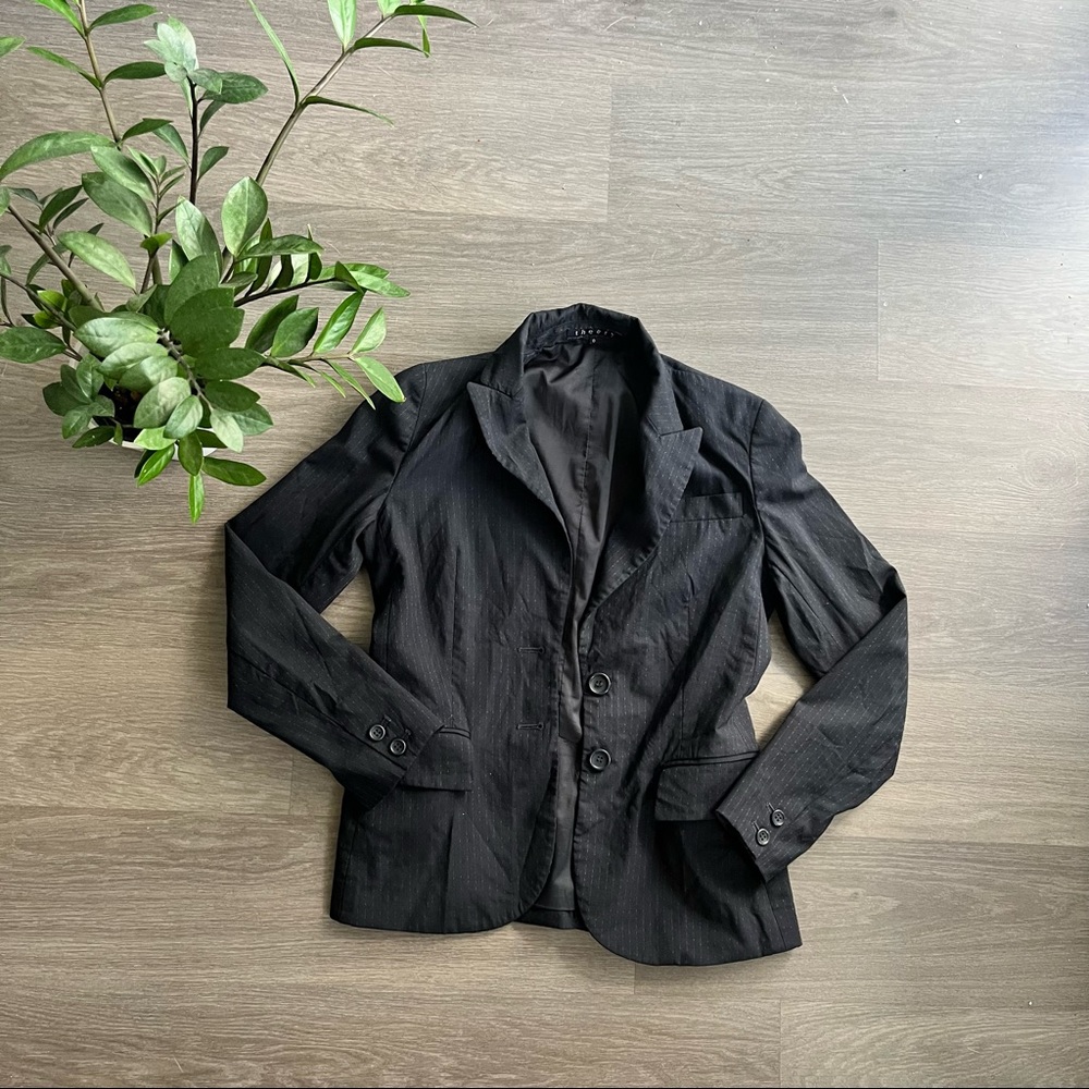Theory Black Pinstripe Wool Blazer with Pockets